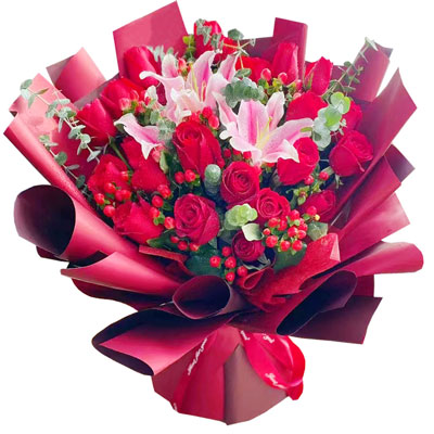 十堰22朵红玫瑰百合,爱的火焰